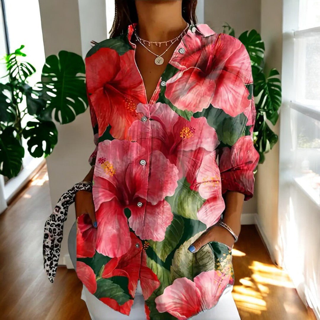 Women's Floral Print Shirt - Long Sleeve Button Front Collared