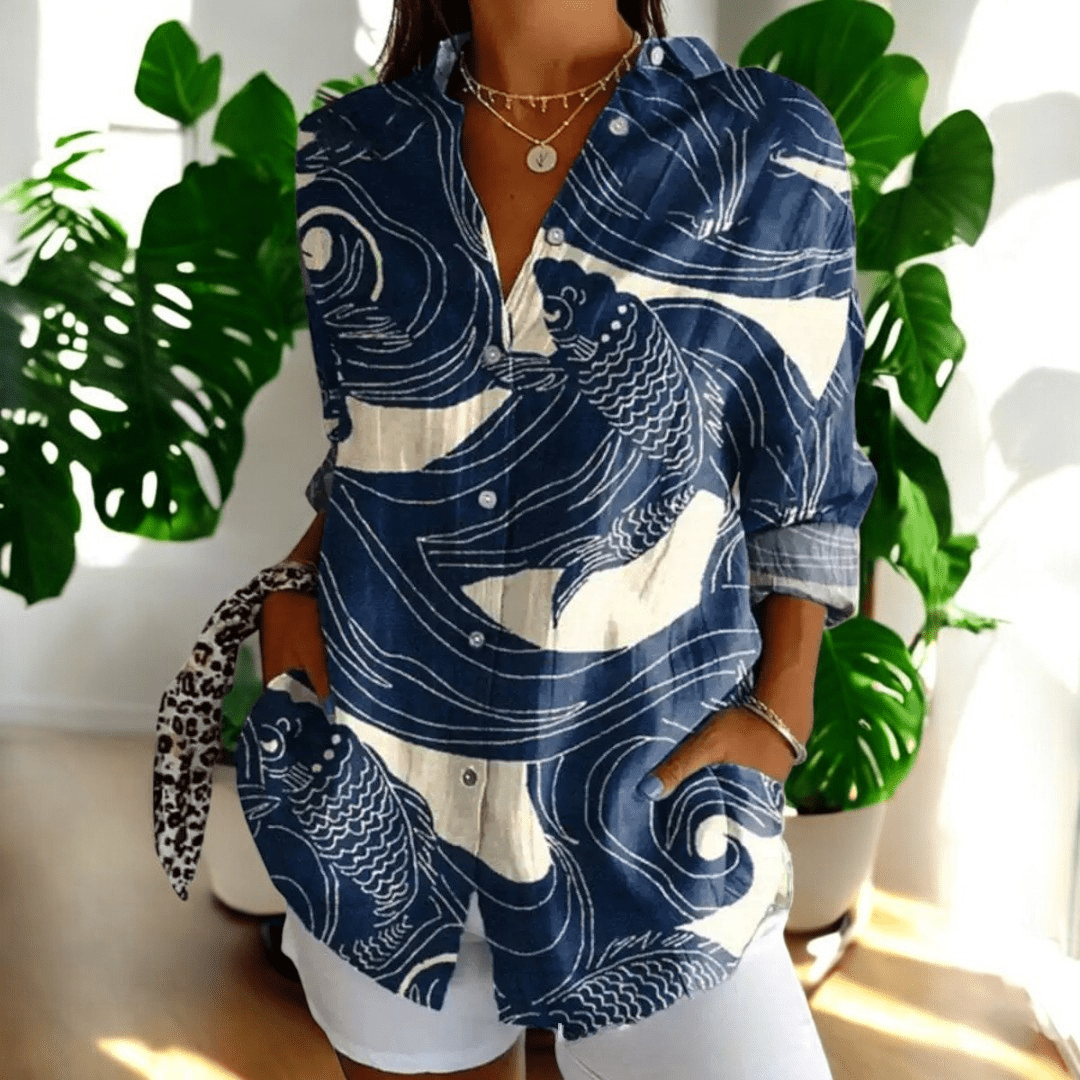 Women's Floral Print Shirt - Long Sleeve Button Front Collared
