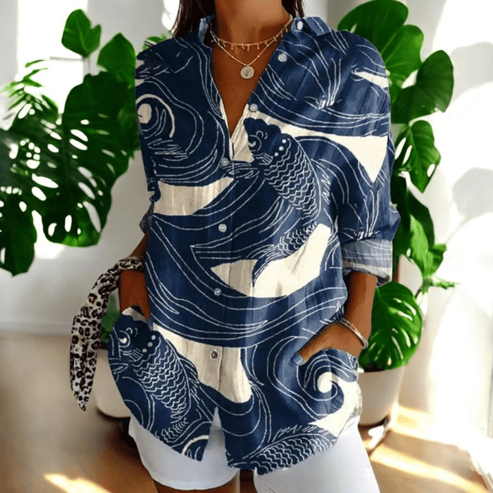 Women's Floral Print Shirt - Long Sleeve Button Front Collared