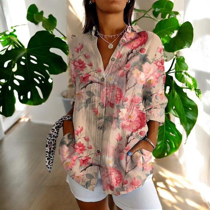 Women's Floral Print Shirt - Long Sleeve Button Front Collared