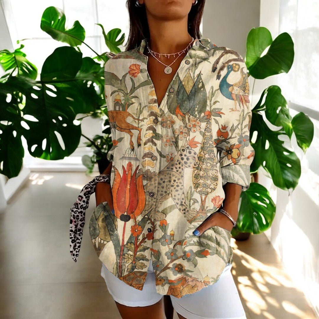 Women's Floral Print Shirt - Long Sleeve Button Front Collared