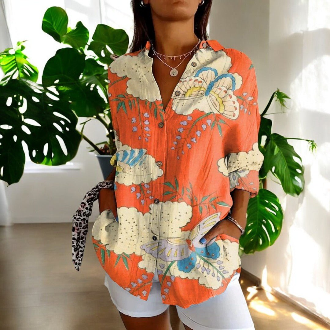 Women's Floral Print Shirt - Long Sleeve Button Front Collared