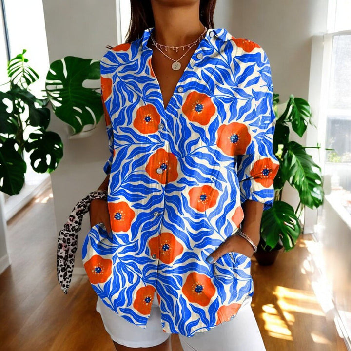 Women's Floral Print Shirt - Long Sleeve Button Front Collared