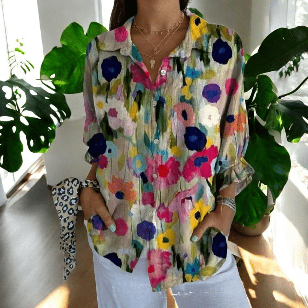 Women's Floral Print Shirt - Long Sleeve Button Front Collared