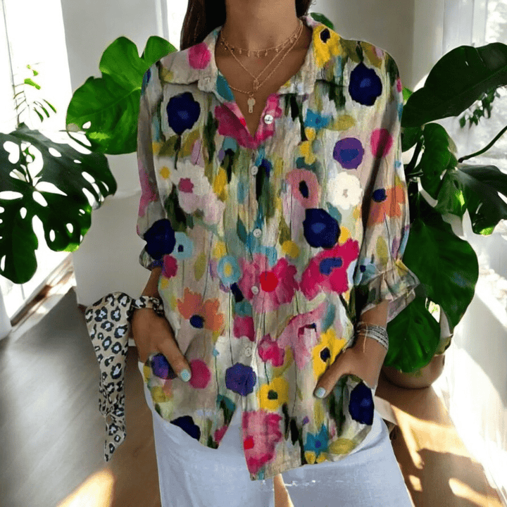 Women's Floral Print Shirt - Long Sleeve Button Front Collared