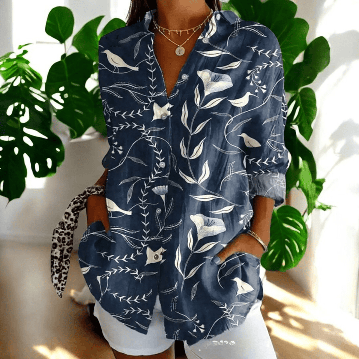 Women's Floral Print Shirt - Long Sleeve Button Front Collared