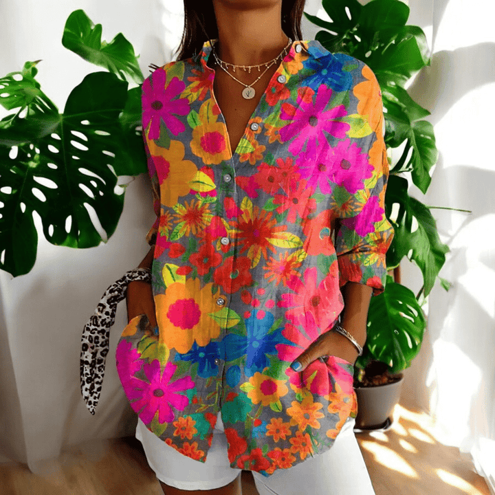 Women's Floral Print Shirt - Long Sleeve Button Front Collared