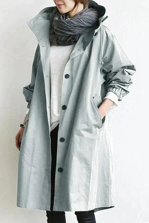 Women's Hooded Trench Coat - Button Front Mid-Length Jacket