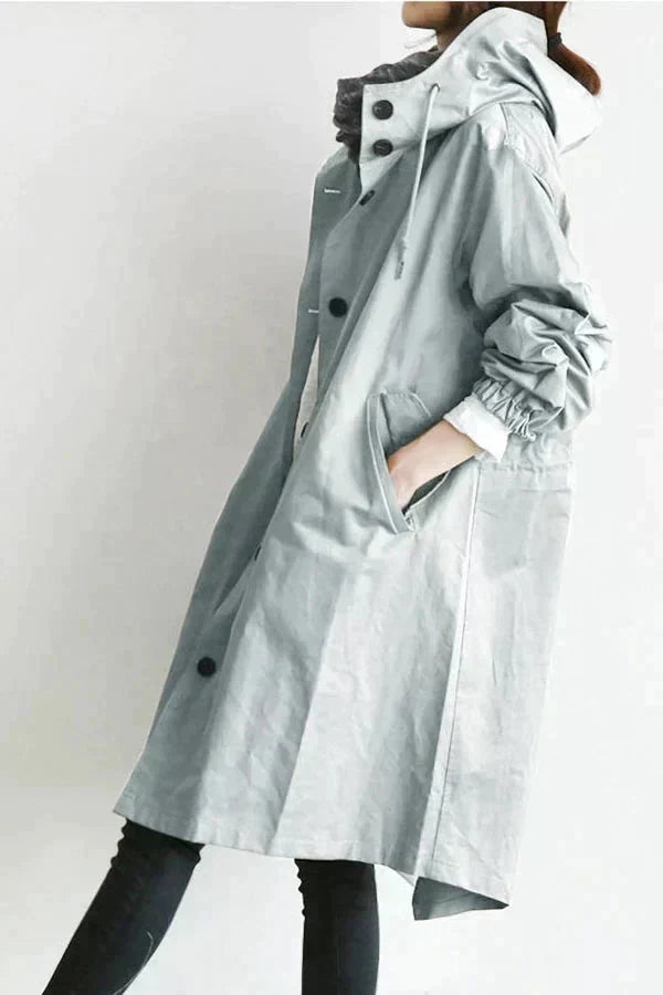 Women's Hooded Trench Coat - Button Front Mid-Length Jacket