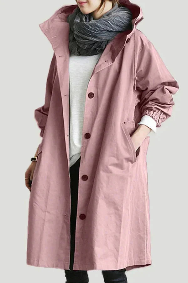 Women's Hooded Trench Coat - Button Front Mid-Length Jacket