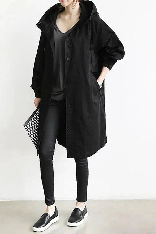 Women's Hooded Trench Coat - Button Front Mid-Length Jacket