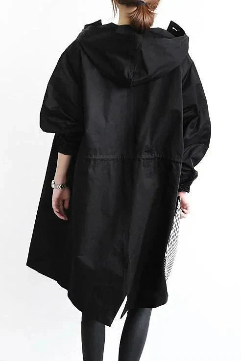 Women's Hooded Trench Coat - Button Front Mid-Length Jacket