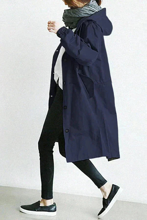 Women's Hooded Trench Coat - Button Front Mid-Length Jacket