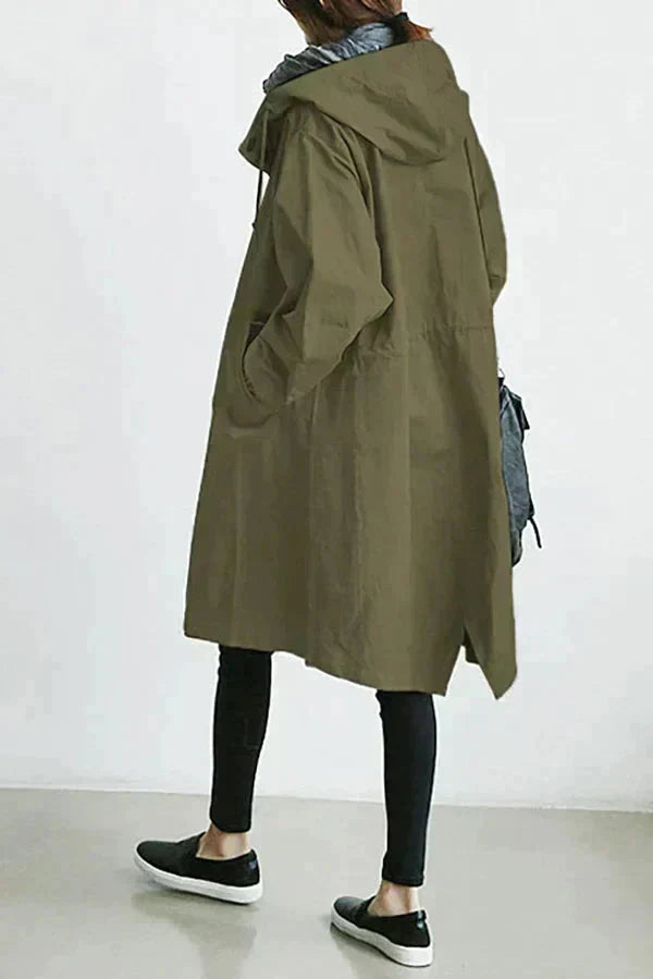Women's Hooded Trench Coat - Button Front Mid-Length Jacket