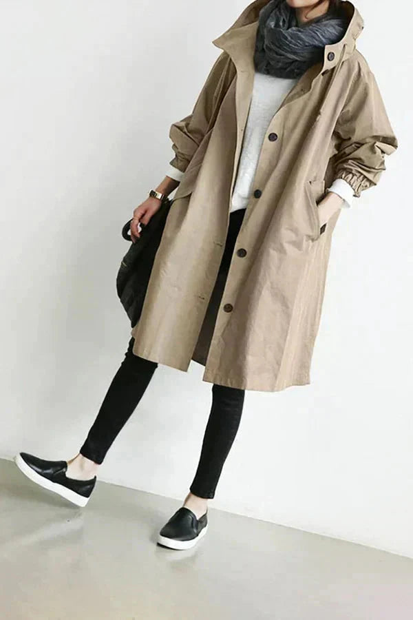 Women's Hooded Trench Coat - Button Front Mid-Length Jacket