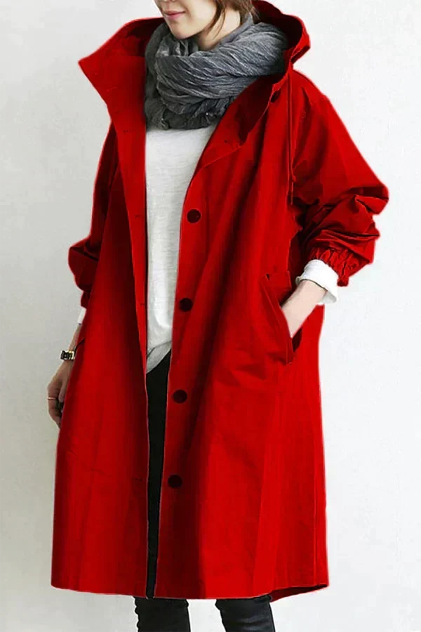 Women's Hooded Trench Coat - Button Front Mid-Length Jacket