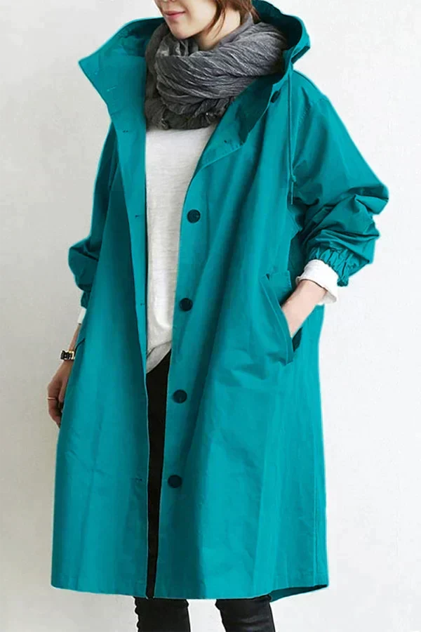 Women's Hooded Trench Coat - Button Front Mid-Length Jacket