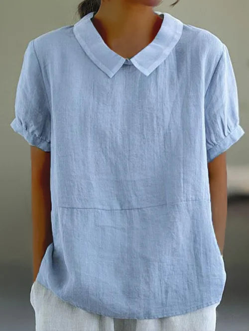 Women's Linen Blend Blouse - Peter Pan Collar Short Sleeve