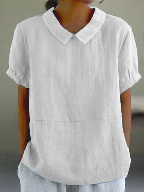 Women's Linen Blend Blouse - Peter Pan Collar Short Sleeve