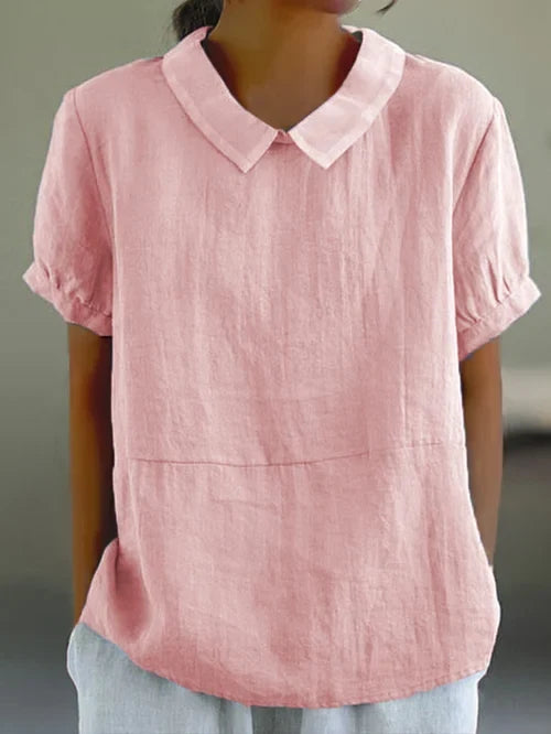 Women's Linen Blend Blouse - Peter Pan Collar Short Sleeve