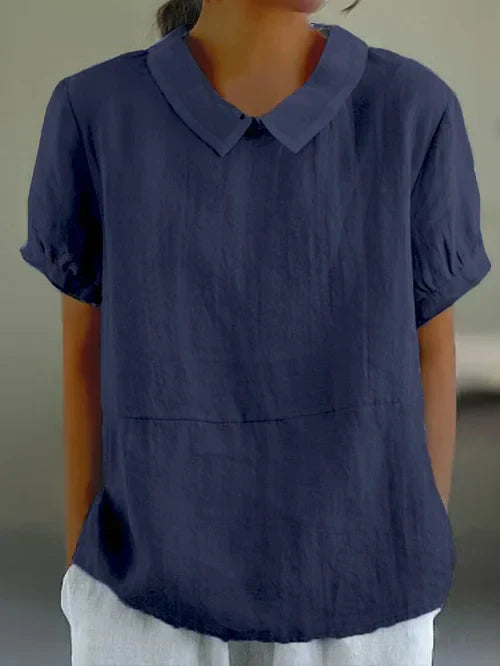 Women's Linen Blend Blouse - Peter Pan Collar Short Sleeve