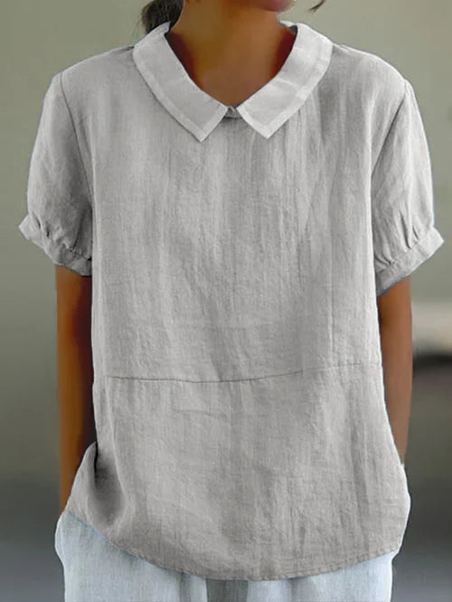 Women's Linen Blend Blouse - Peter Pan Collar Short Sleeve