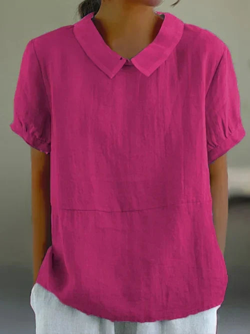 Women's Linen Blend Blouse - Peter Pan Collar Short Sleeve