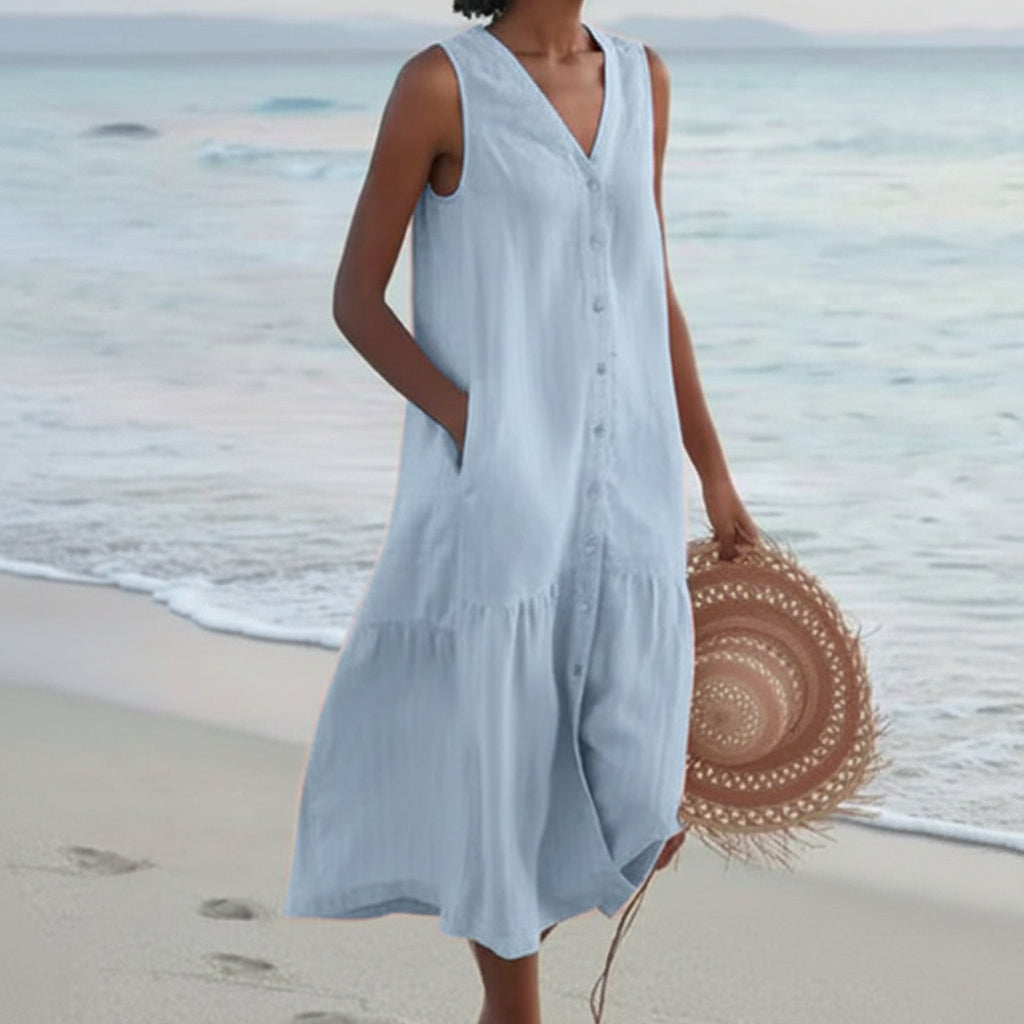 Women's Linen Blend Dress - Sleeveless V-Neck Button Front Midi