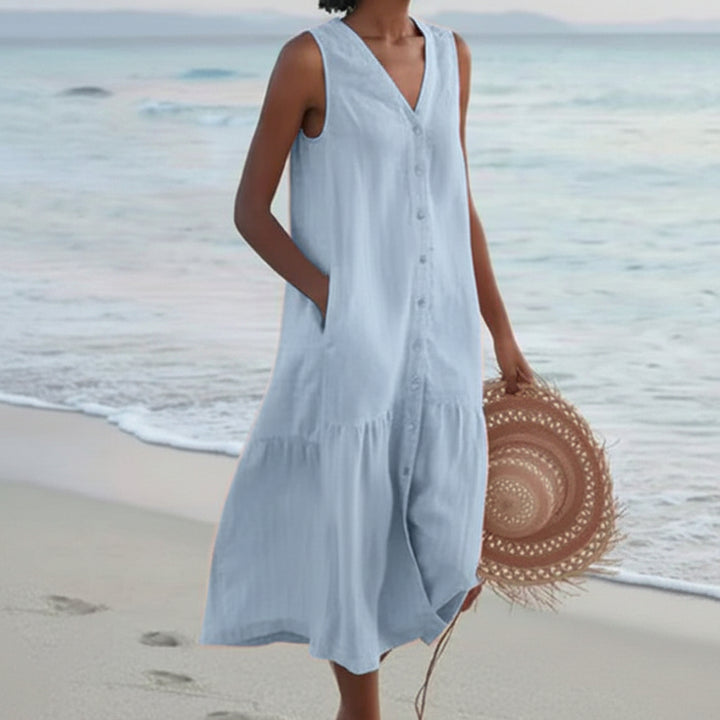 Women's Linen Blend Dress - Sleeveless V-Neck Button Front Midi