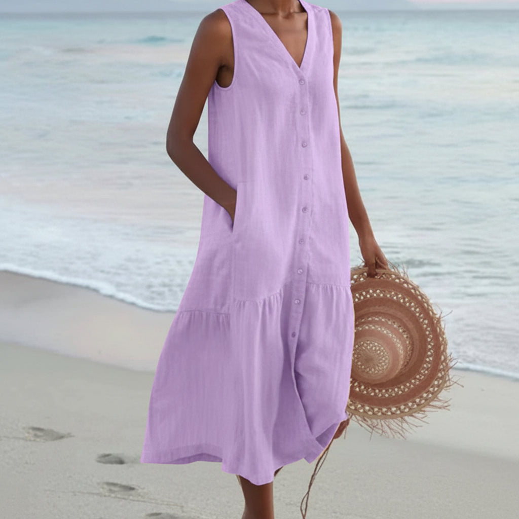 Women's Linen Blend Dress - Sleeveless V-Neck Button Front Midi
