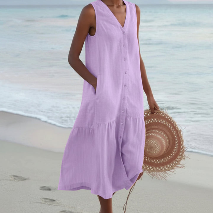 Women's Linen Blend Dress - Sleeveless V-Neck Button Front Midi