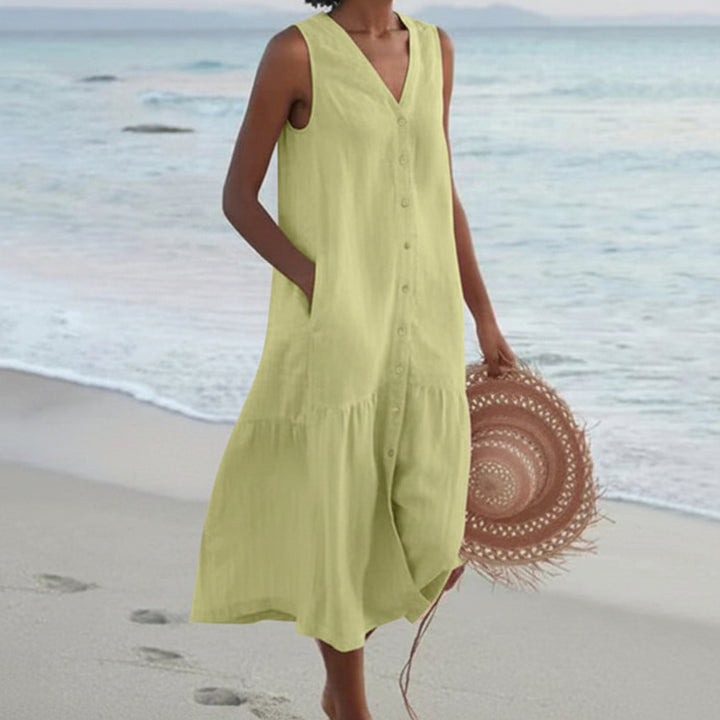 Women's Linen Blend Dress - Sleeveless V-Neck Button Front Midi