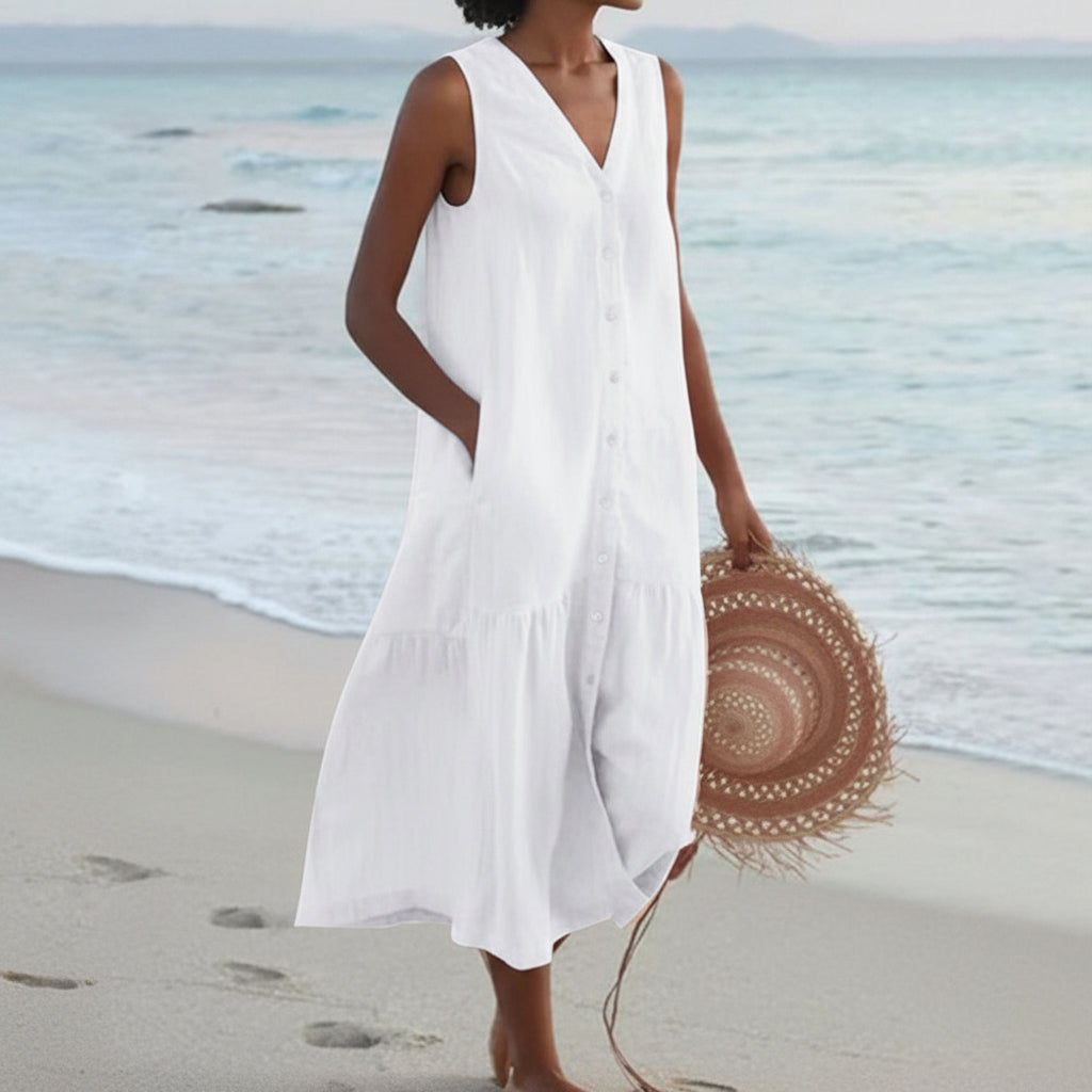 Women's Linen Blend Dress - Sleeveless V-Neck Button Front Midi
