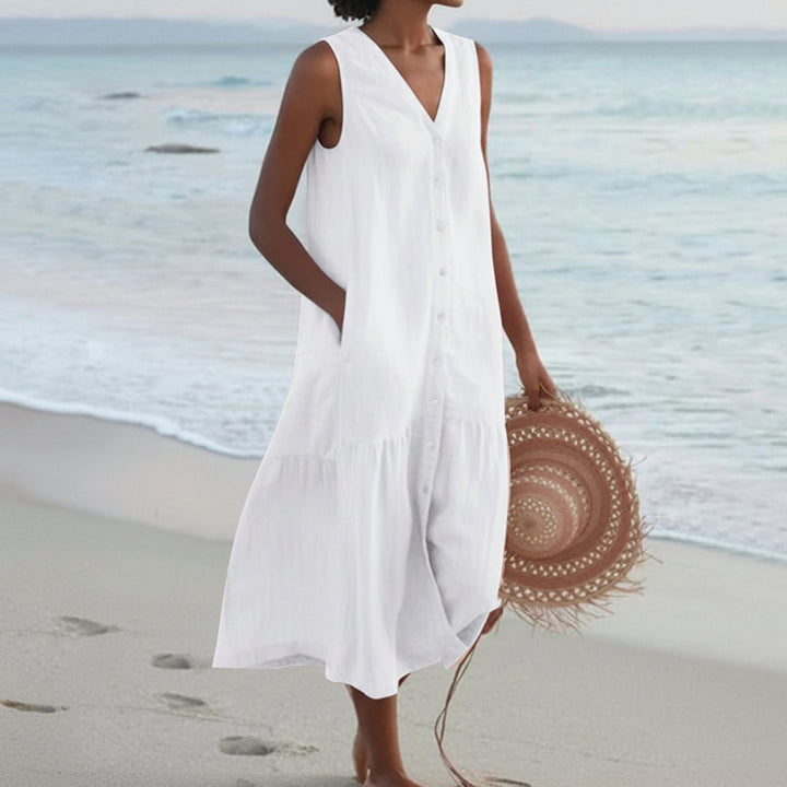 Women's Linen Blend Dress - Sleeveless V-Neck Button Front Midi