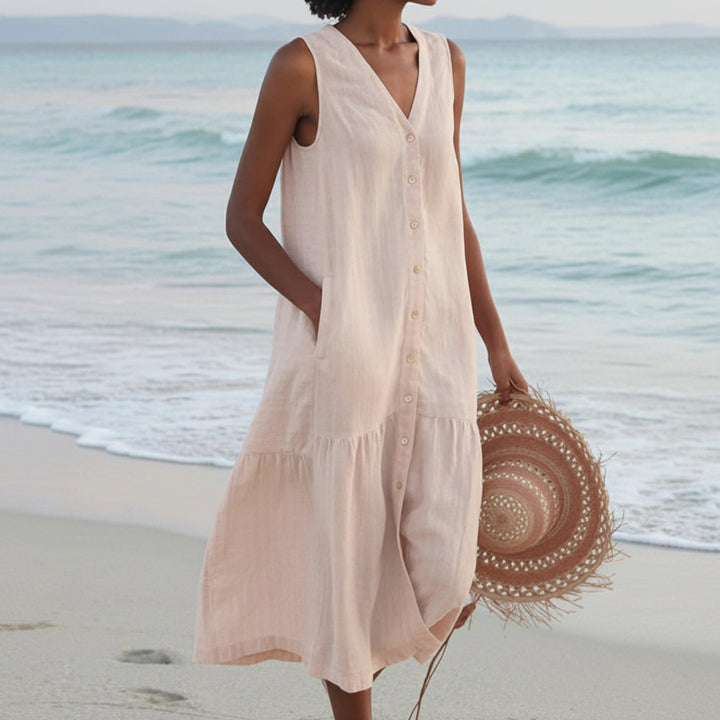 Women's Linen Blend Dress - Sleeveless V-Neck Button Front Midi