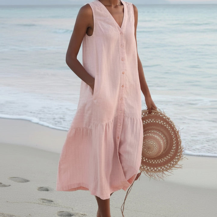 Women's Linen Blend Dress - Sleeveless V-Neck Button Front Midi