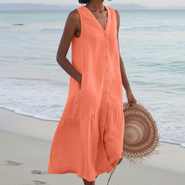 Women's Linen Blend Dress - Sleeveless V-Neck Button Front Midi