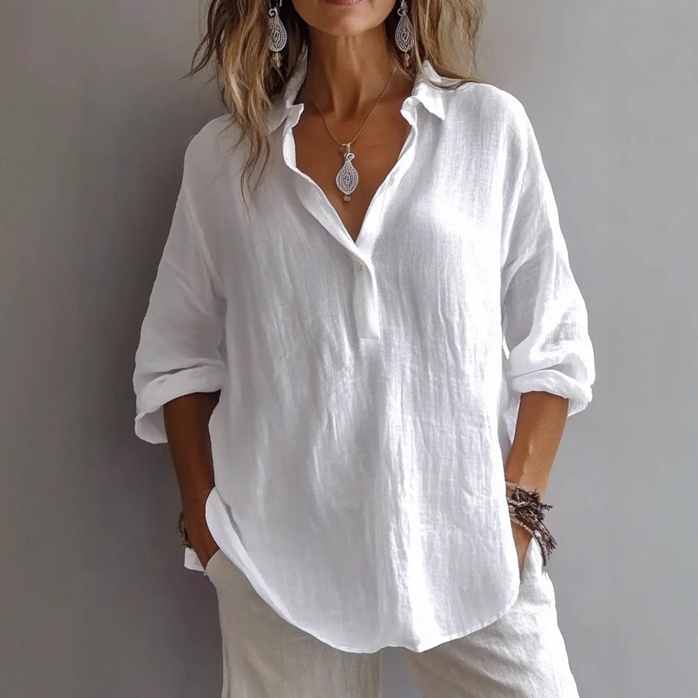 Women's Linen Blend Shirt - Oversized Half Placket Long Sleeve