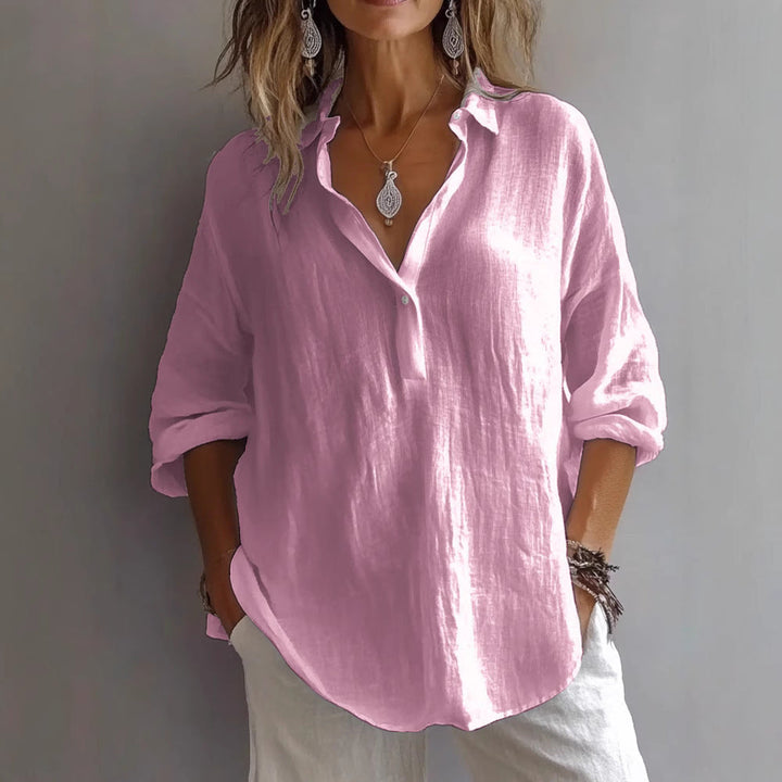 Women's Linen Blend Shirt - Oversized Half Placket Long Sleeve