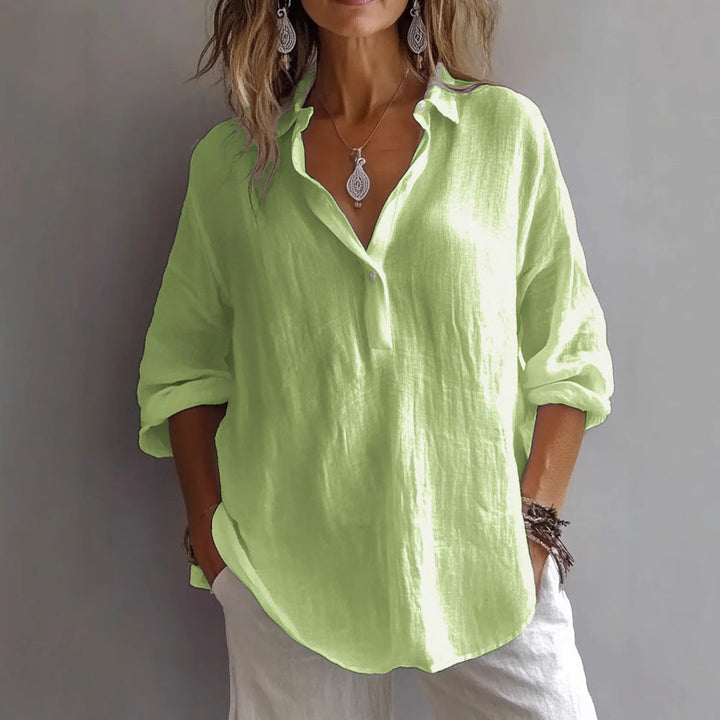 Women's Linen Blend Shirt - Oversized Half Placket Long Sleeve