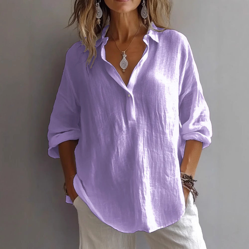 Women's Linen Blend Shirt - Oversized Half Placket Long Sleeve