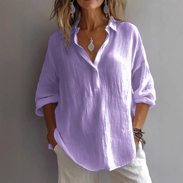 Women's Linen Blend Shirt - Oversized Half Placket Long Sleeve