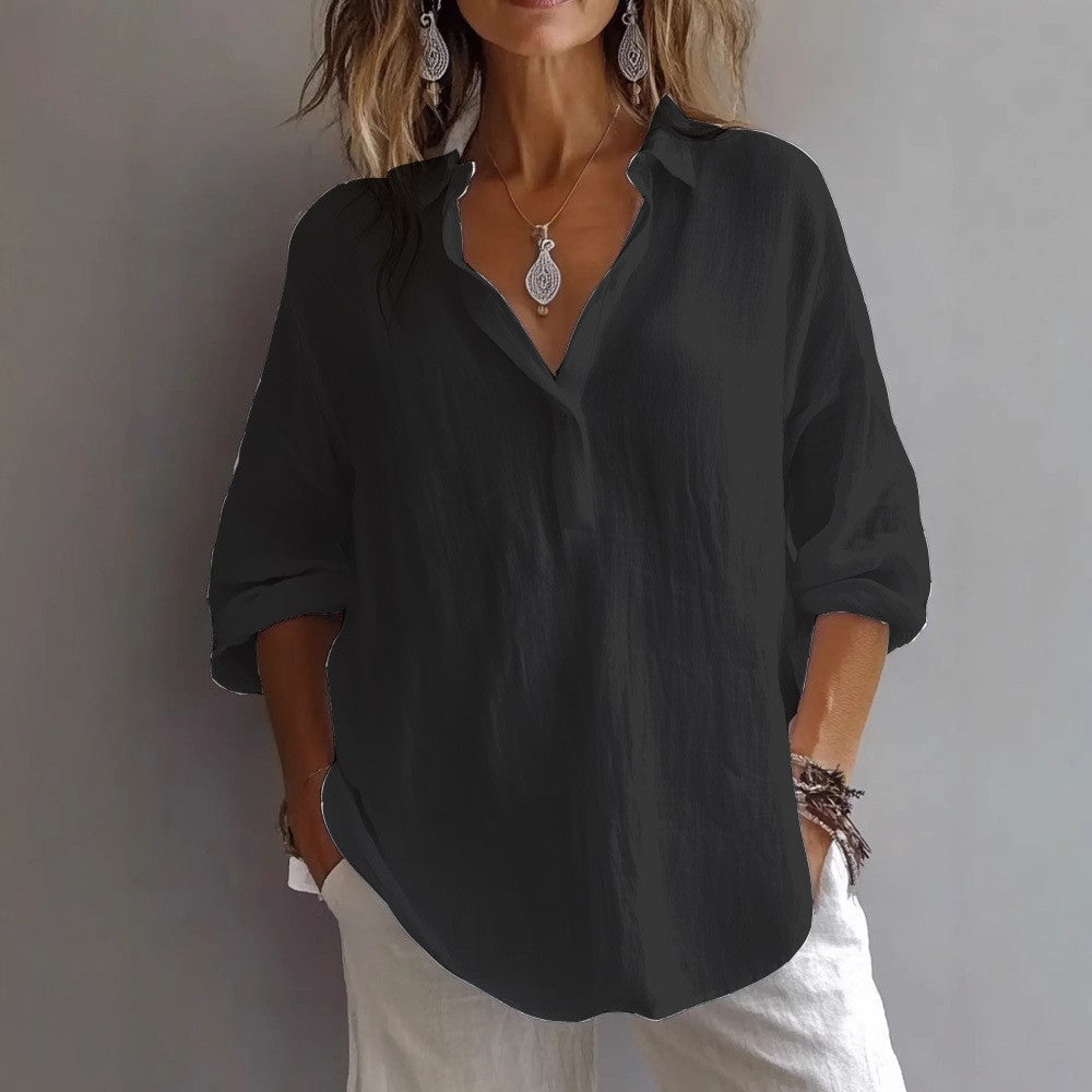 Women's Linen Blend Shirt - Oversized Half Placket Long Sleeve