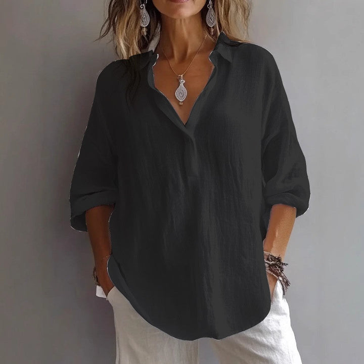 Women's Linen Blend Shirt - Oversized Half Placket Long Sleeve