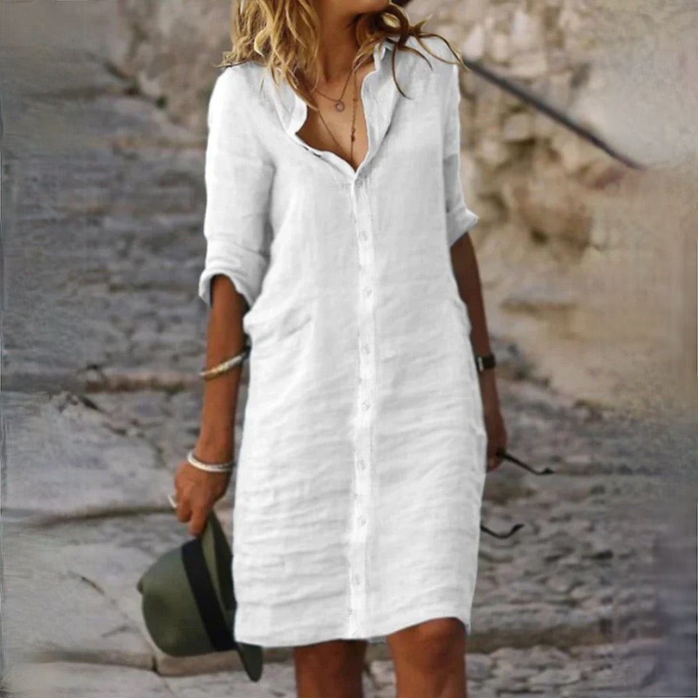 Women's Linen Blend Shirt Dress - Long Sleeve Button Front Midi