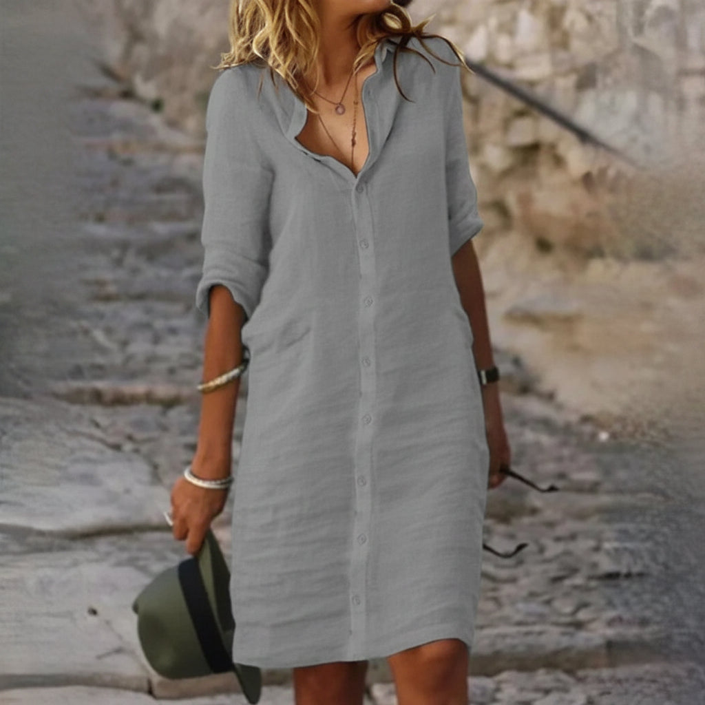 Women's Linen Blend Shirt Dress - Long Sleeve Button Front Midi