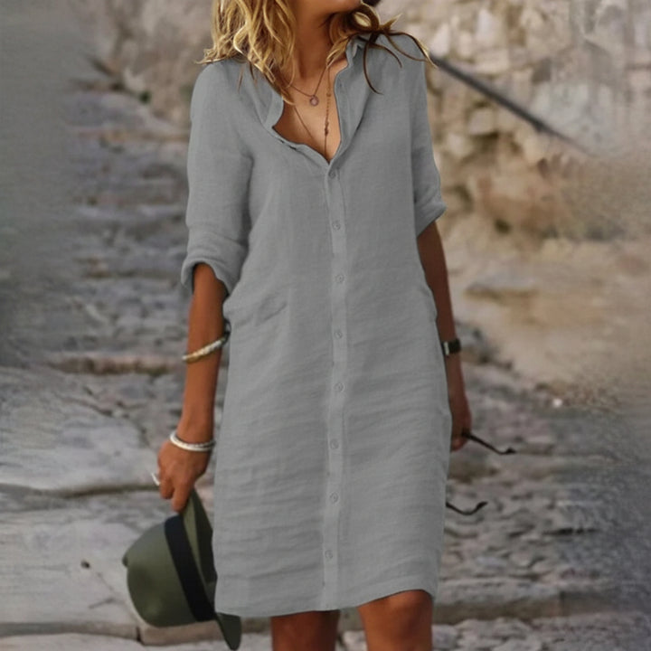 Women's Linen Blend Shirt Dress - Long Sleeve Button Front Midi