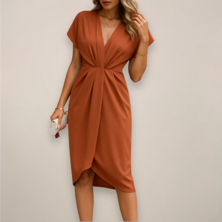 Women's Midi Dress - V-Neck Twist Front Short Sleeve
