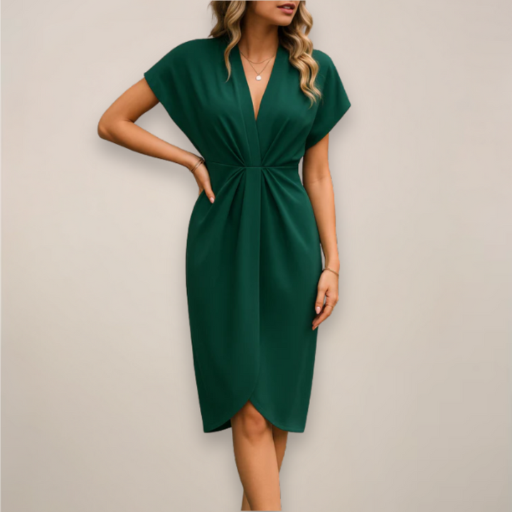 Women's Midi Dress - V-Neck Twist Front Short Sleeve