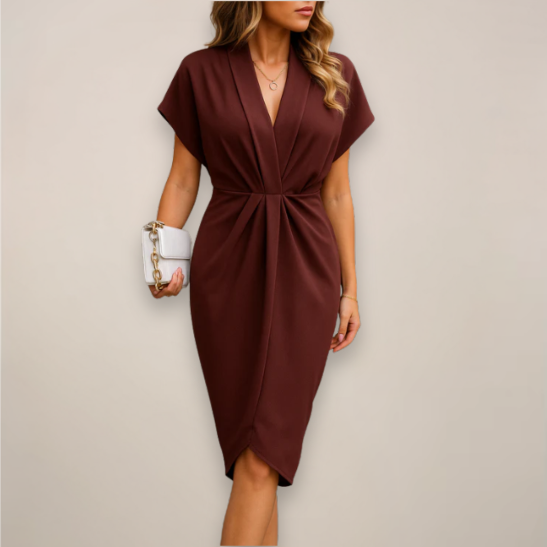 Women's Midi Dress - V-Neck Twist Front Short Sleeve